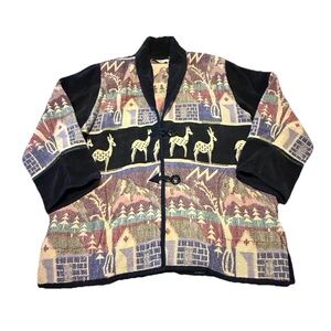 Vintage ANU Natural Red Handwoven Wearable Art Jacket Tapestry Alpacas Mountains